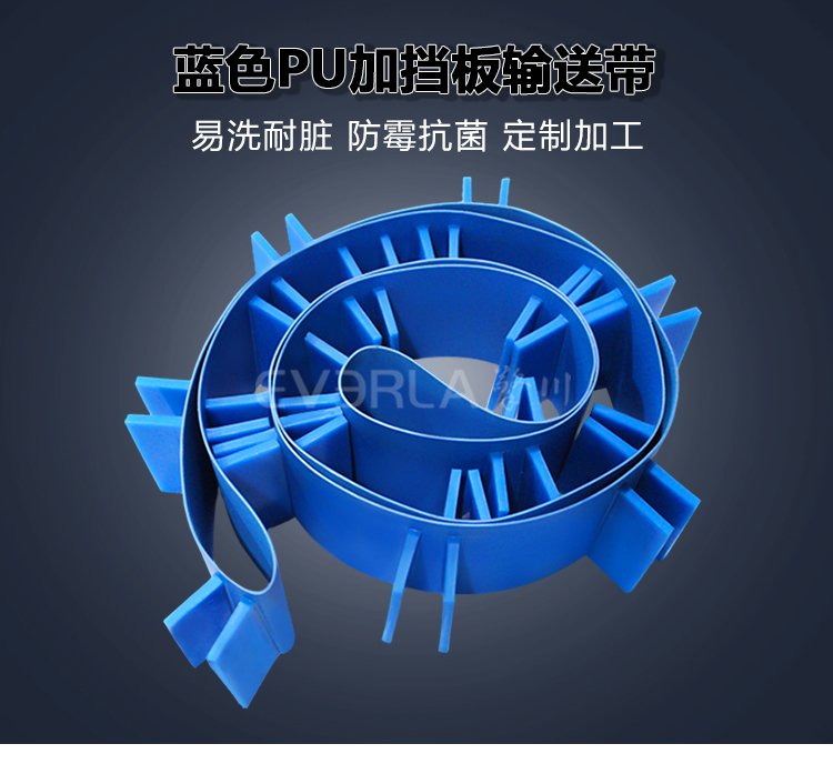 藍色PU<a href='http://m.ontimecarpet.com/shusongdai/' target='_blank'><u>輸送帶</u></a>加擋板