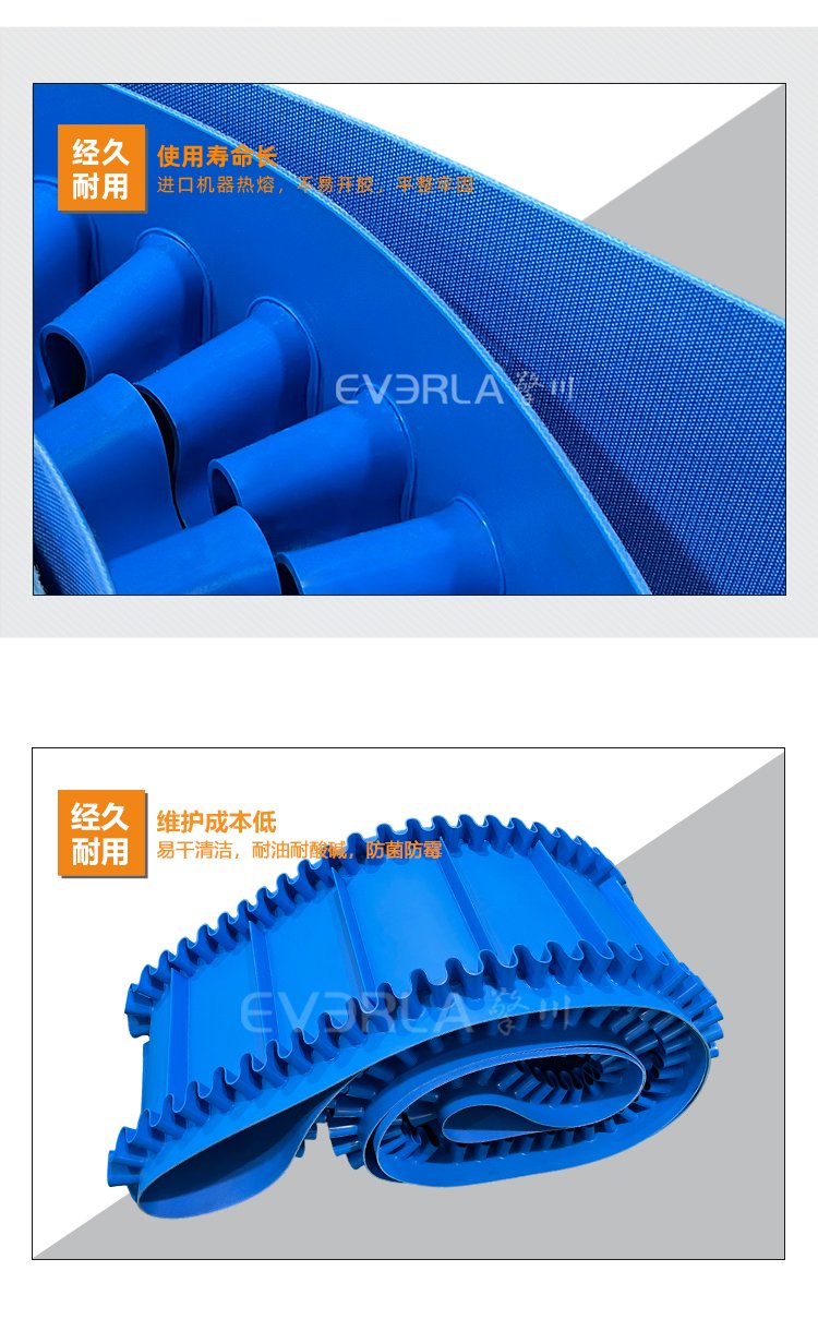 藍色啞光PU輸送帶加擋板裙邊導條